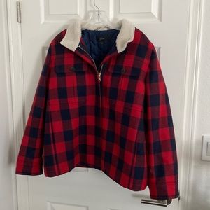 J Crew wool Jacket Red and Blue Buffalo Plaid Shearling Collar